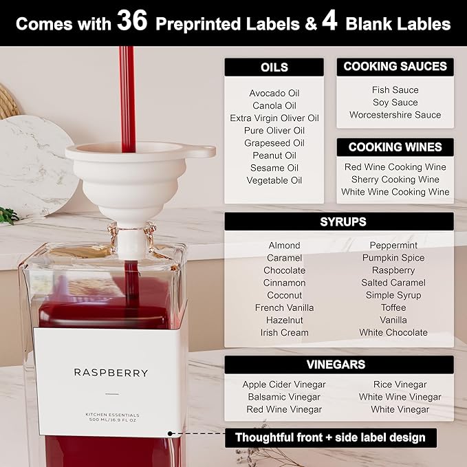 Olive Oil Dispenser for Kitchen, 16.9 oz/ 500 ml Olive Oil Dispenser Bottle, Glass Oil Bottles for Kitchen with 8 Stainless Steel Pourers, 40 Labels, 4 Pcs, Gold