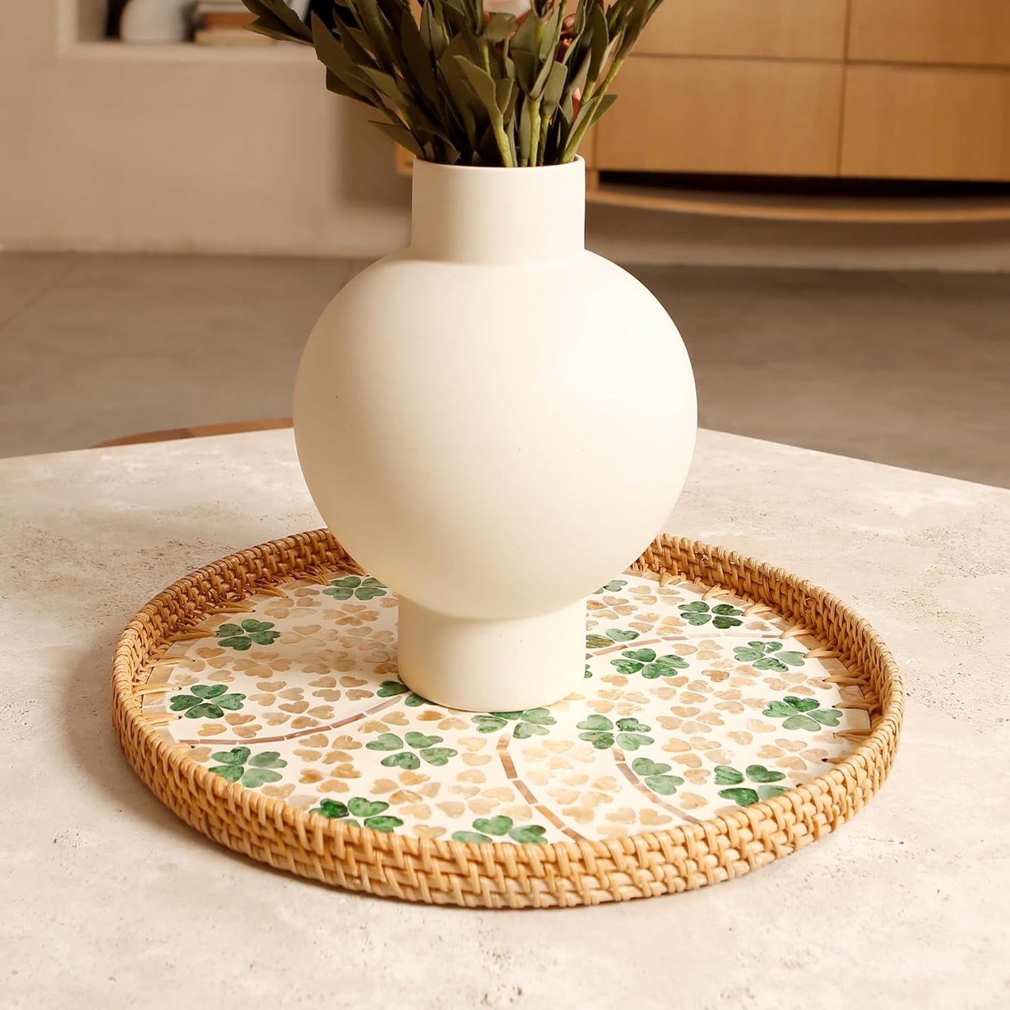 Round Rattan Tray with Mother of Pearl Inlay & Wooden Base - Decorative Wicker Serving Tray for Coffee/Bread/Fruits, Food Storage & Display - Multipurpose Home Decor (L,Four-Leaf Clover)