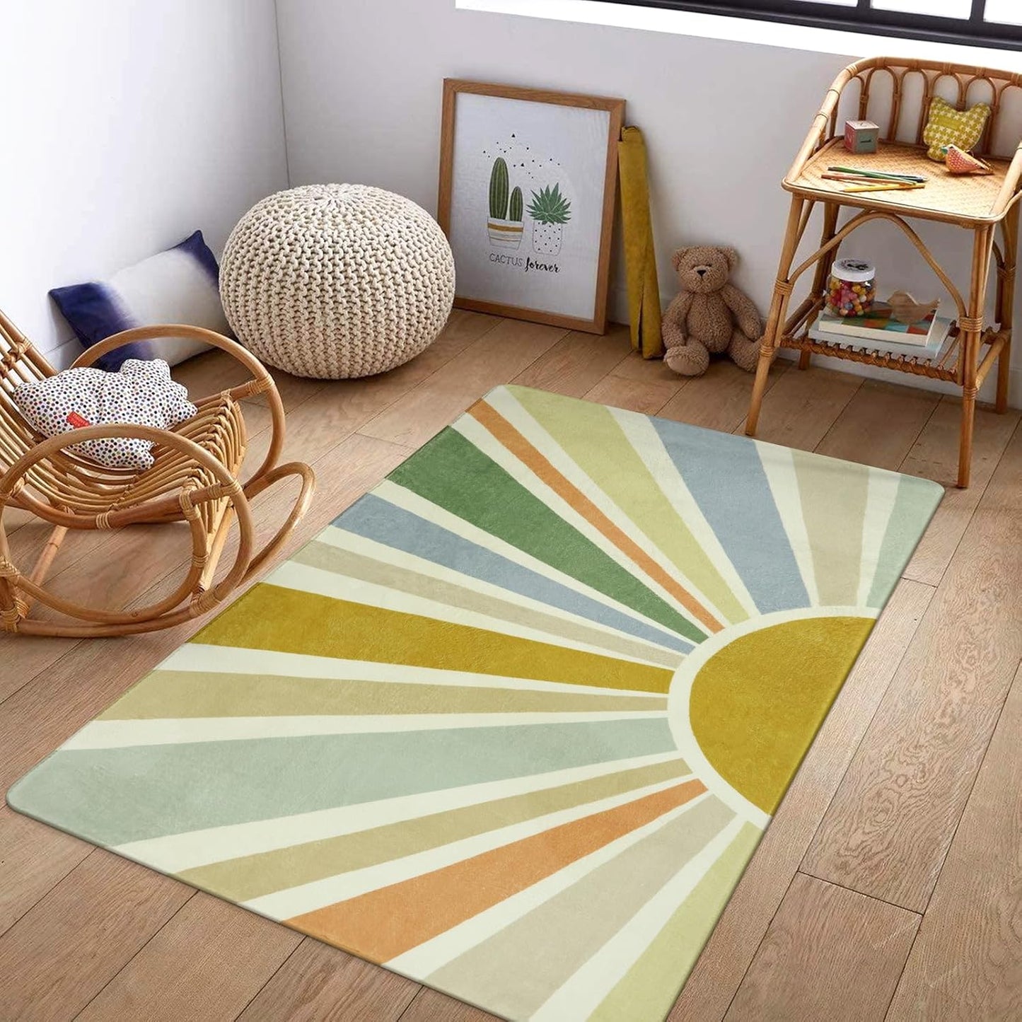 STARUIA Boho Washable Rug 3'x5' Kids Area Rug for Playroom, Colorful Kids Rug for Bedroom, Non-Slip Throw Sun Carpet Soft Small Sunshine Rugs for Office Nursery Entryway Dorm