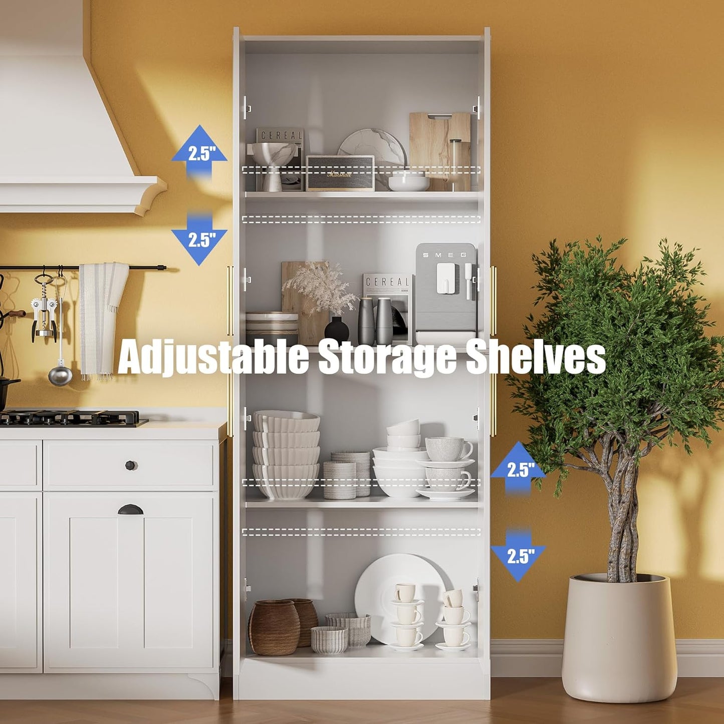 71" Tall Pantry Cabinet with 4 Doors, Kitchen Pantry Storage Cabinet, Freestanding Larder Cupboard, Kitchen Hutch with Gold Handles for Dining Room, Bathroom, White