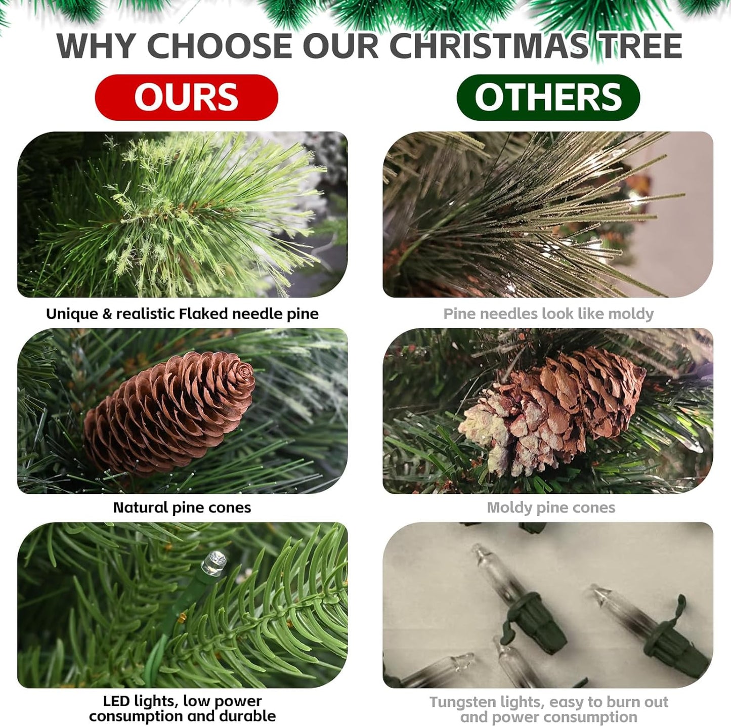 Kadunmina 4ft Prelit Christmas Tree, Artificial Carolina Pine Christmas Tree with 200 Warm White Lights, Pine Cones, 419 Branch Tips and Metal Stand for Home, Office, Holiday Party Decoration