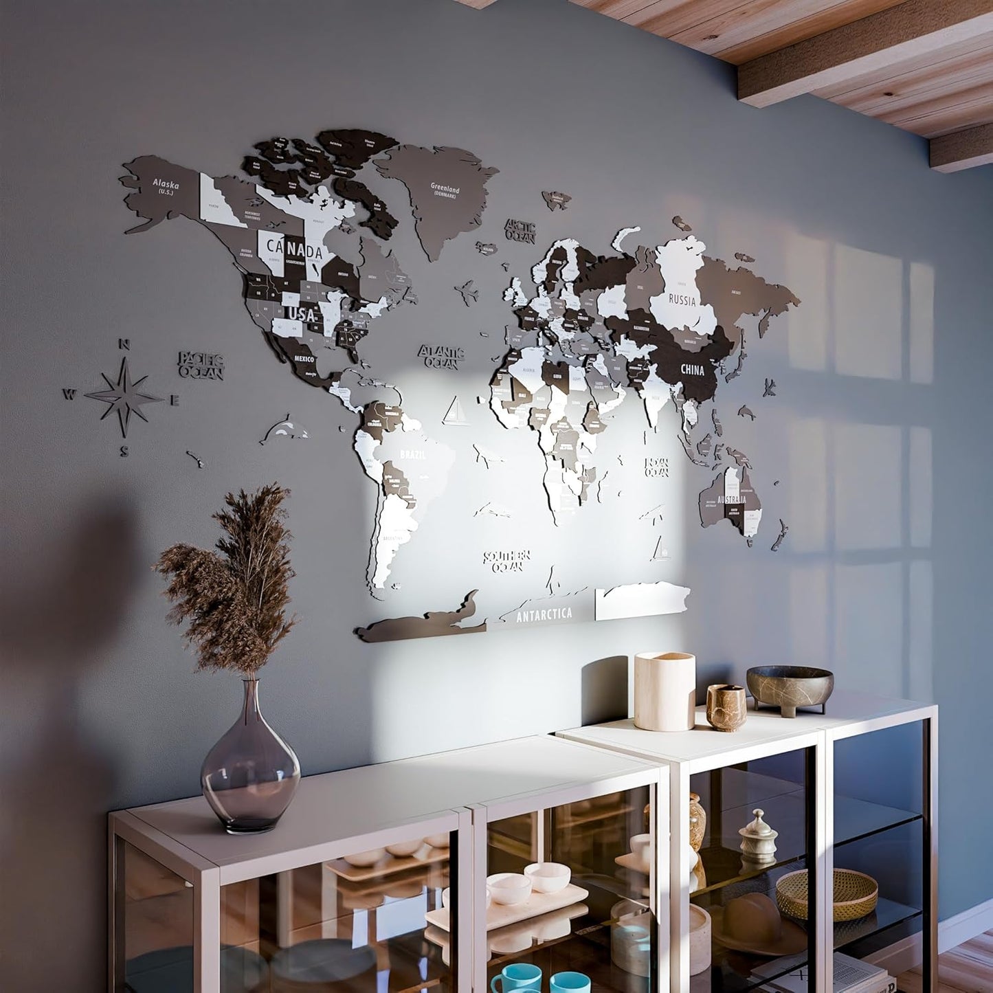 Colorfull Worlds 3D Wooden World Map Wall Art | Unique Wall Decor with Pins for Travel Enthusiasts | Home and Office Wall Décor | Grey | Medium