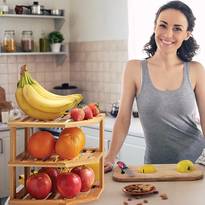 Cabinet Organizer Shelf - Bamboo Corner Rack for Kitchen Counter, Cabinet Space Saver for Plates, Dishes, Bowls, Bread - Pantry and Bathroom Storage or Countertop - Useful Home & Housewarming Gift