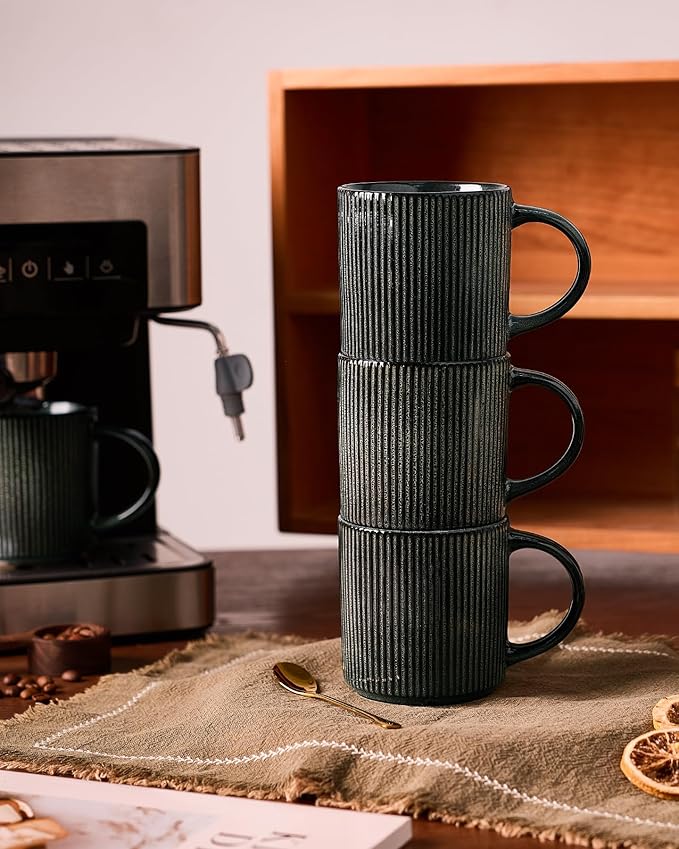 famiware Coffee Mug Set for 4, Star 12 oz Catering Mugs Cup Set with Handle for Coffee, Tea, Cocoa, Milk - Ceramic Stoneware Drinkware Set, Deep Forest