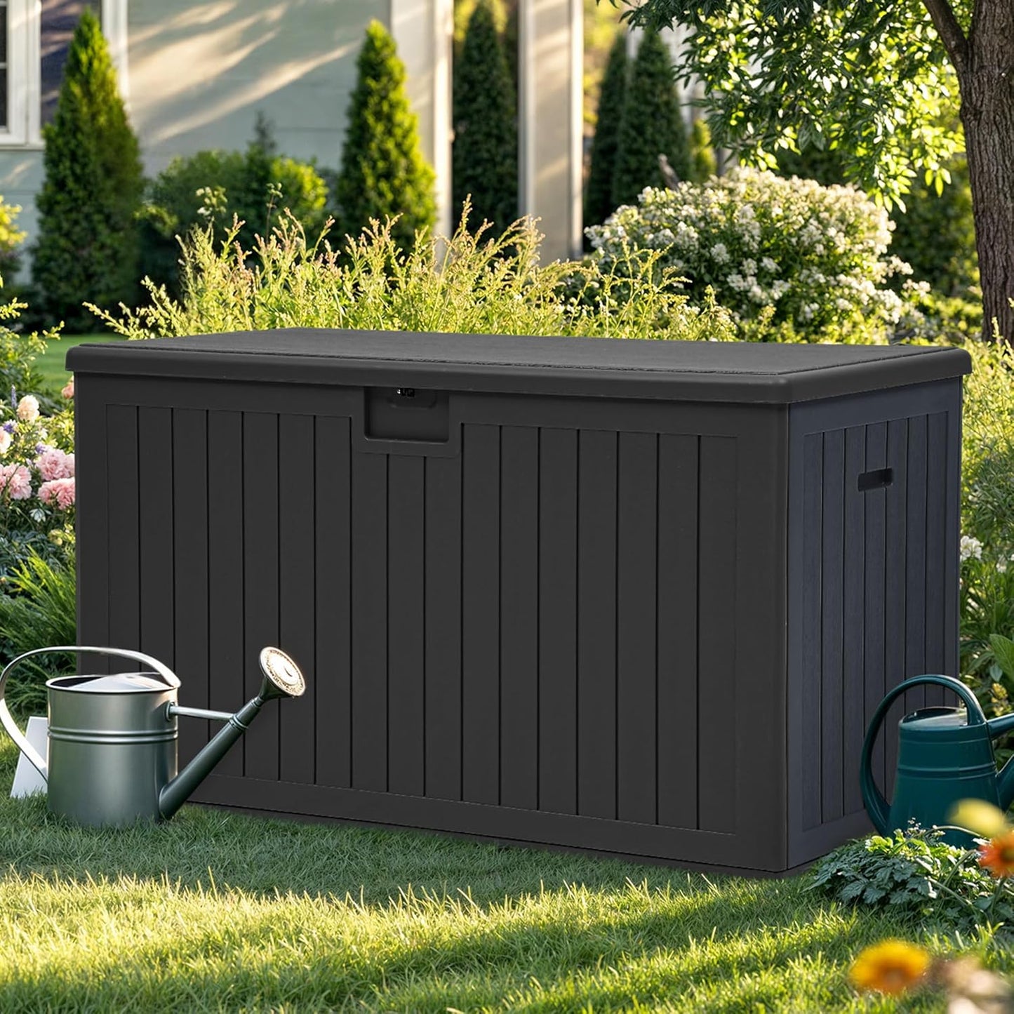 YITAHOME 200 Gallon Double-Wall Deck Box with Divider & Side Handles, Outdoor Large Storage for Patio Furniture Cushions, Garden Pool Accessories, Water Resistant & Lockable(Black)