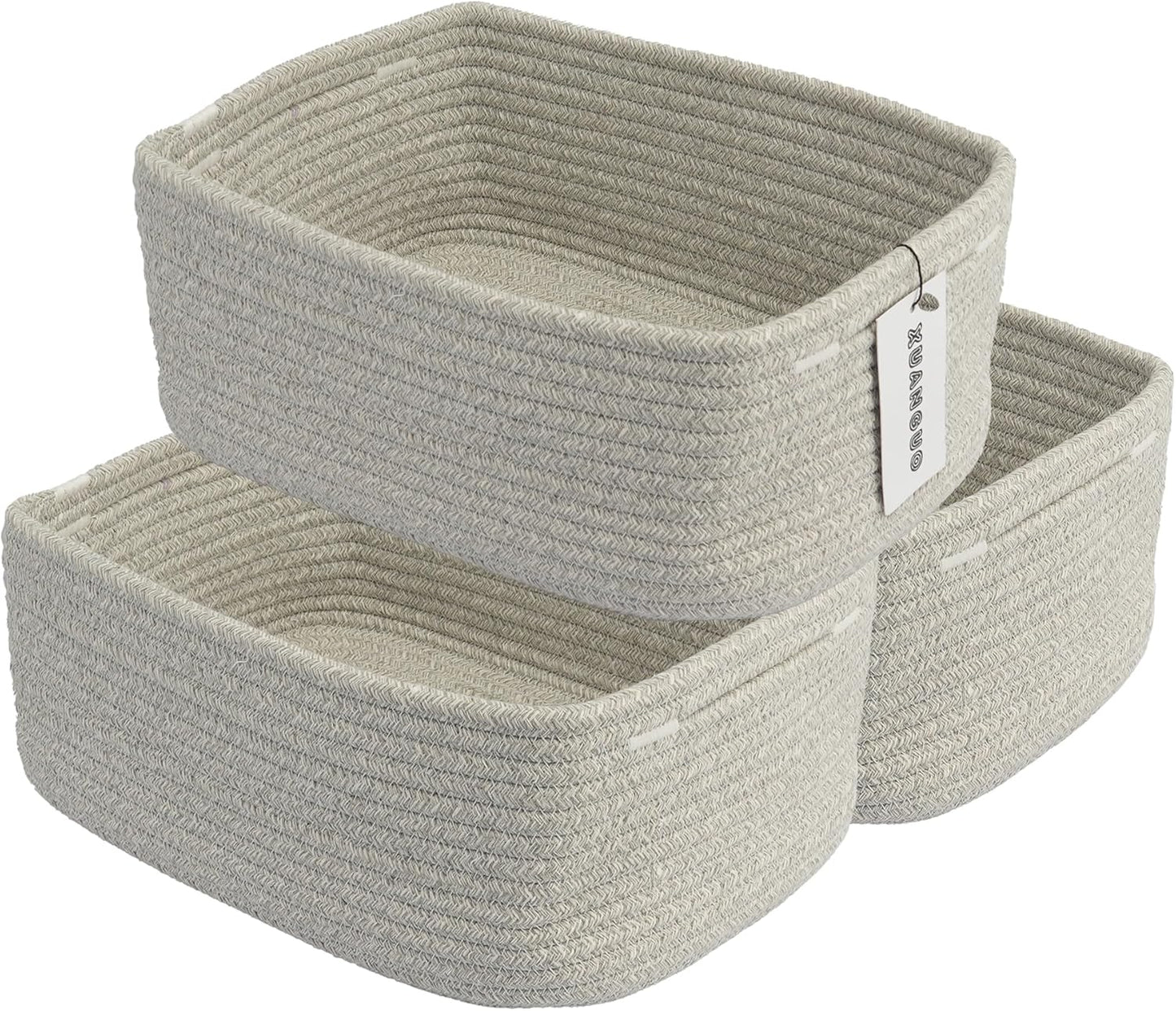Small Woven Storage Baskets 13“X9”X5“ Decorative Rope Bins for Organizing Shelves, Closets, and Toys, Empty Gift Baskets, Cute Organizer Basket for Home and Office (grey, Large)