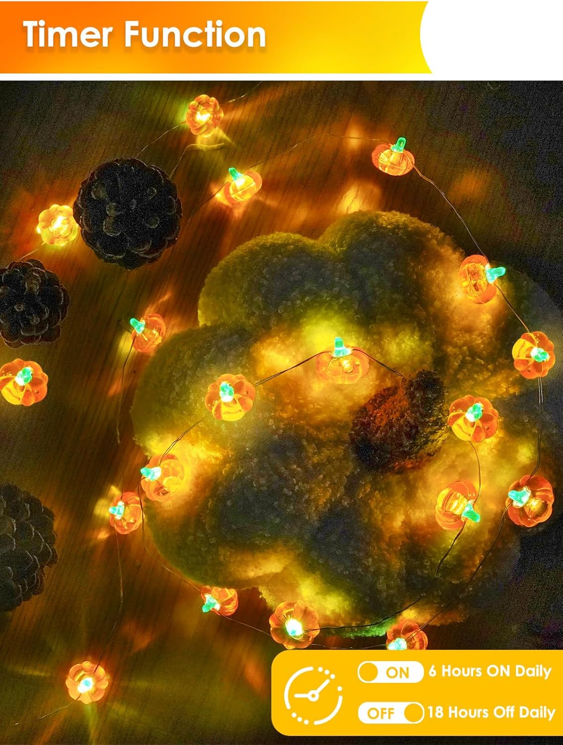 2 Pack 60LED Fall Decoration 3D Pumpkin String Lights Battery Operated, 20FT Fall Lights with Remote, Waterproof 8 Modes Fairy Lights for Autumn Harvest Thanksgiving Halloween Decor