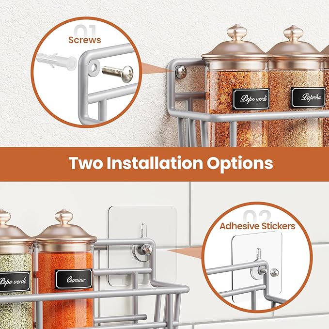 5 Pack Spice Rack Seasoning Organizer Wall Mount, Screw or Adhesive Hanging Shelf Basket Spice Organizer Shelf for Kitchen, Silver