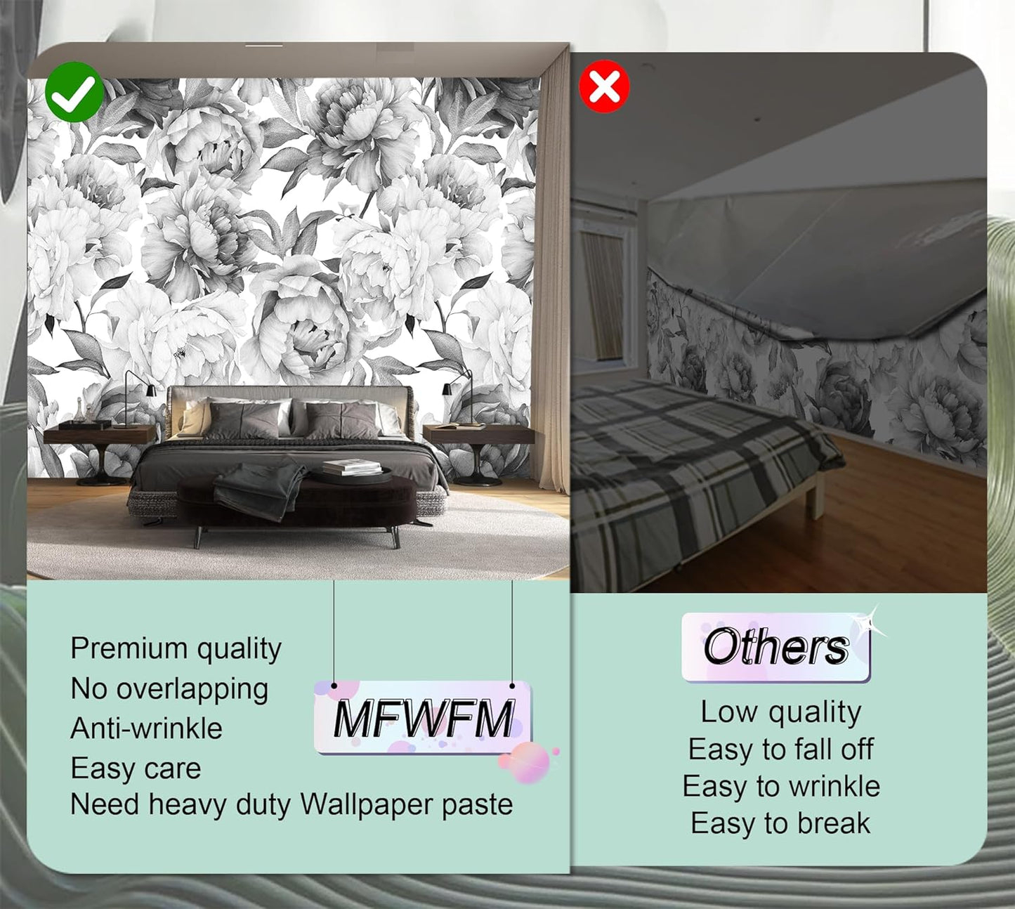 Gray Peonies Wallpaper Watercolor Floral Mural Wallpaper for Nursery(Not Peel n' Stick)