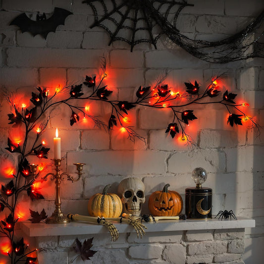 Halloween Lighted Willow Vine Twig Decoration, 6.56 FT Light up Garland Battery Operated with Orange LED Lights, 8 Modes and Timer, 12 Pumpkin and Ghost Ornaments, 4 Adhesive Hooks