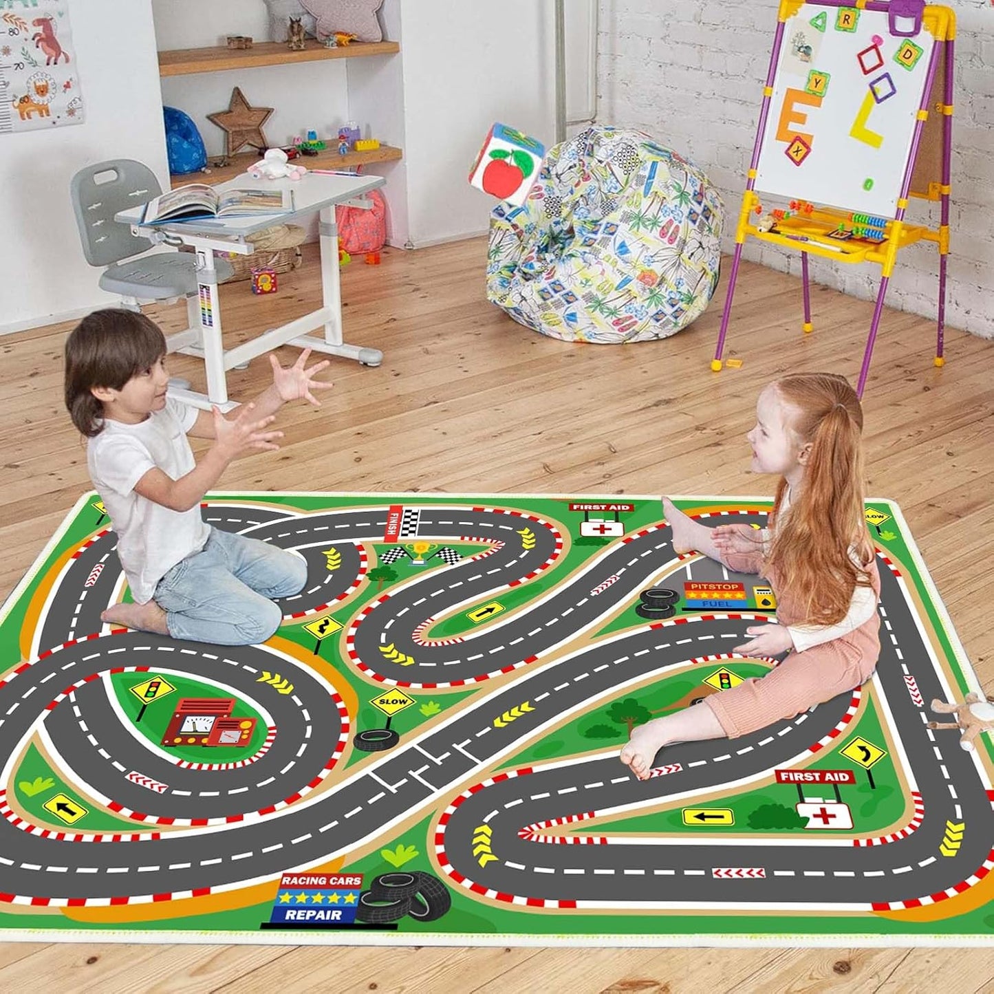 Kids Rug Play Mat Playroom Rugs Car Rugs for Kids Toy Cars Race Track for Classroom Rug(Race-Green, 6.6x9.9ft)