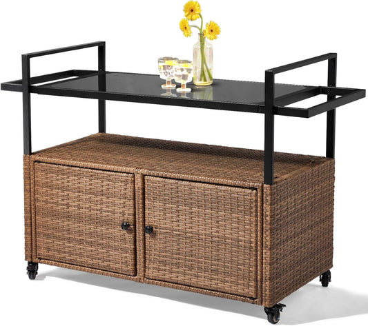 VINGLI Wicker Outdoor Bar Cart with Storage and Wheels, Outdoor Bar Table Serving Cart Rattan Bar Cart with Glass Top and Shelf for Pool, Party, Backyard, Porch (Brown)