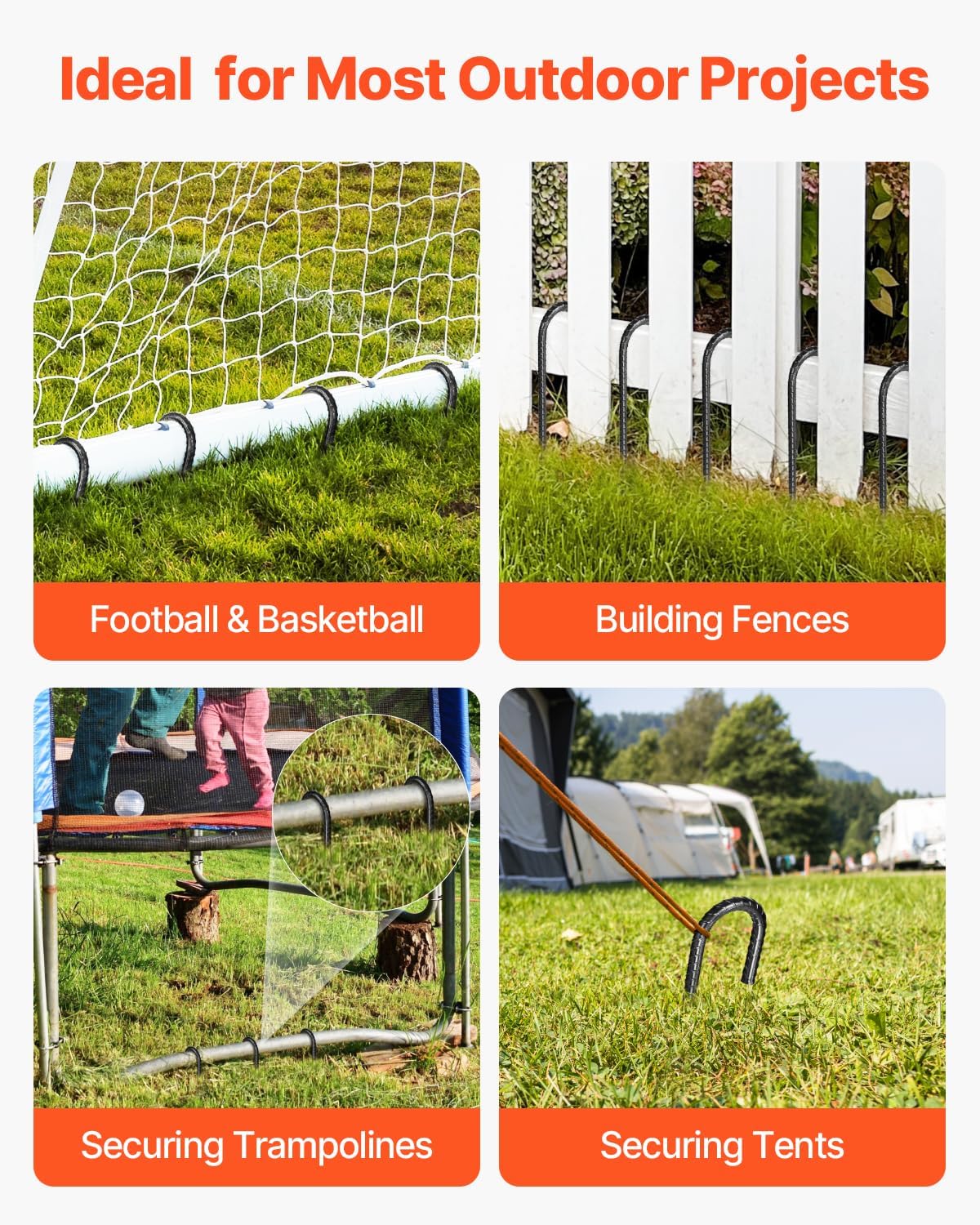 VEVOR Rebar Stakes, 12-Inch, Heavy-Duty 0.4 in Diameter J Hook, Galvanized Steel Ground Anchors with Chisel Point End & Rust-Resistant Coating, for Gardening Support, Fence, Camping Tents (16-Pack)