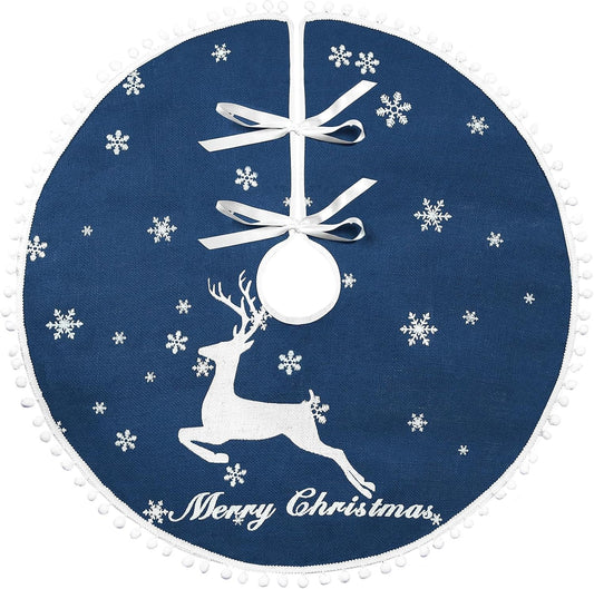 30 Inch Christmas Tree Skirt, Burlap Blue Christmas Rustic Tree Skirt with Elk Deer and White Snowflake Printed for Holiday Party Xmas Tree Decoration