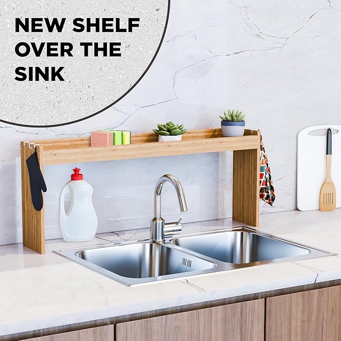 Edgecrest Bamboo Over The Stove or Sink Modern Spice Shelf, No Annoying Middle Screw, 31.5” Wide Storage, 11.4” High Countertop Shelf, 6 Side Hooks, Easy to Assemble, Eco-Friendly Durable Material