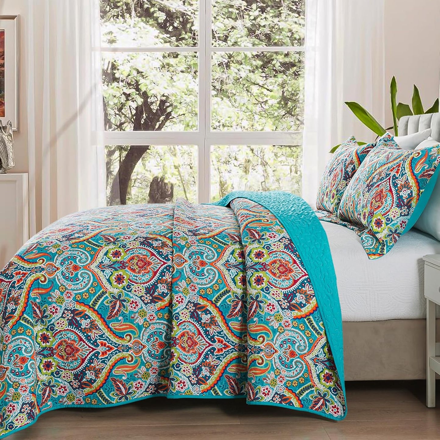VAPUTAR Quilt Queen Bedding Set - Soft Cotton Quilts with Paisley Floral Pattern - Lightweight Reversible Bedspreads for Farmhouse (3 Pieces, Bright Teal)