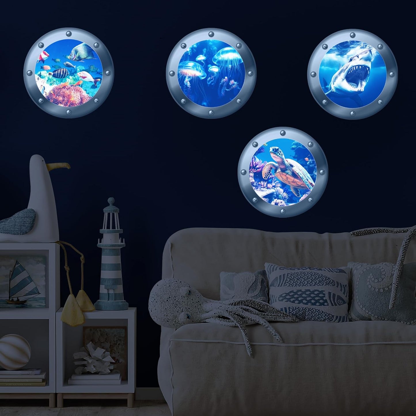 3D Ocean Animals World Wall Stickers Glow in The Dark, 4 Pcs Sharks Turtles Jellyfishs Removable Decals for Kids, Vinyl Stickers for Ceiling (Blue)