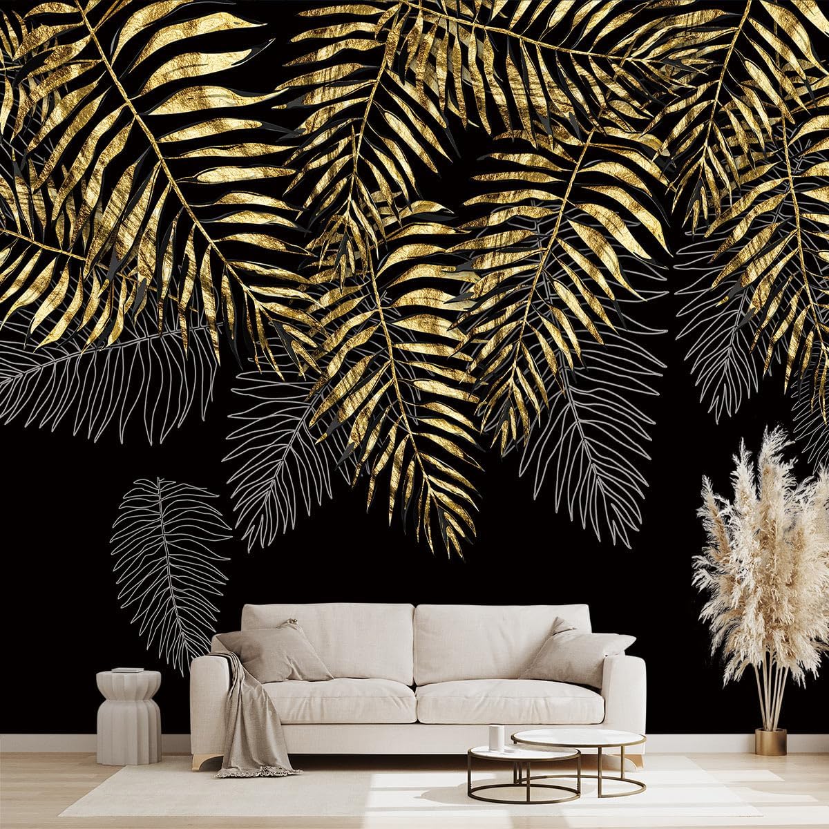 Black and Gold Leaf Mural Bedroom Tropical Botanical Wallpaper Room Plant Decor Living Room tv Background Large Wall Mural - 160"x108" (Not Peel and Stick)