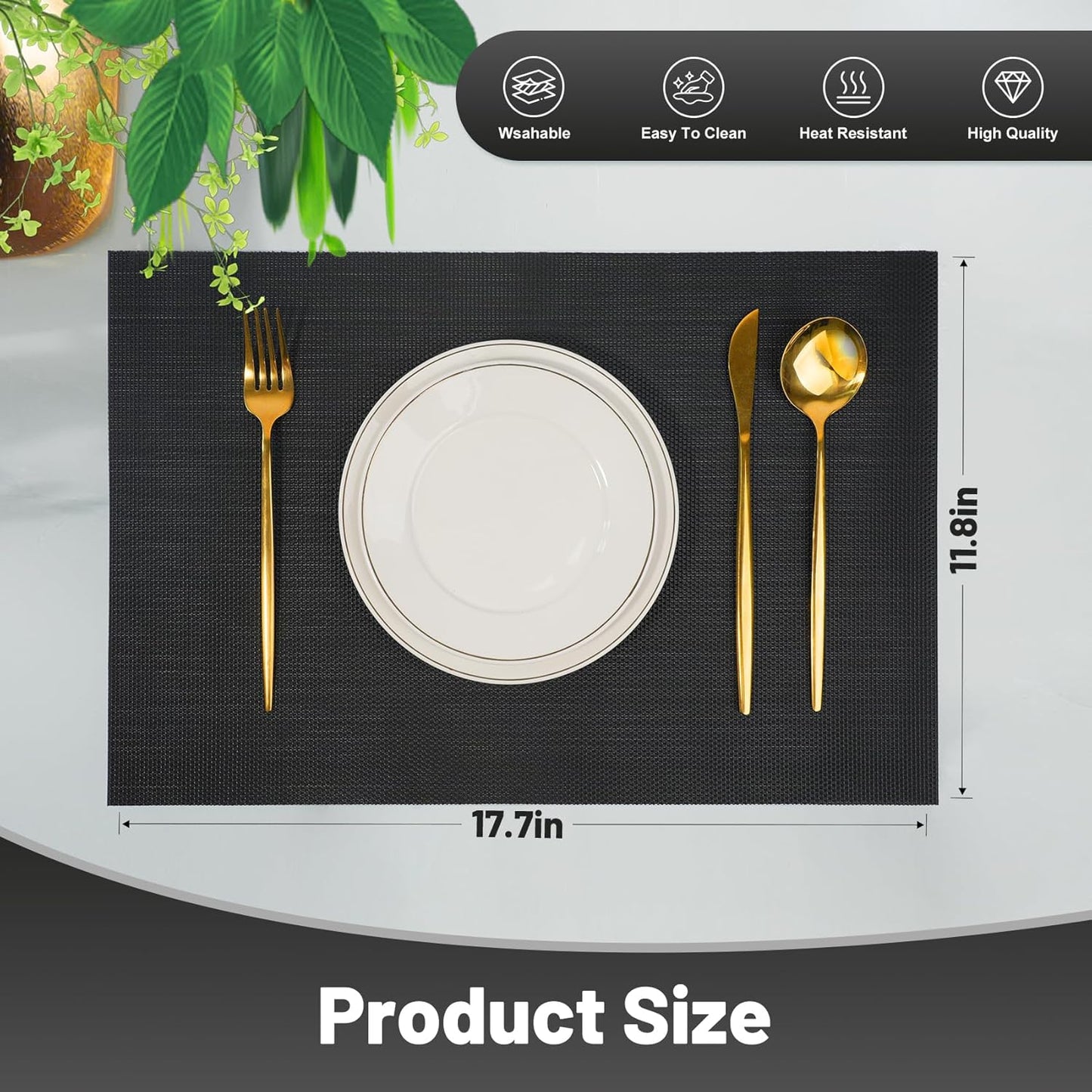 Placemats Set of 8，Non-Slip PVC Weave Table Mats Easy to Clean，Heat Resistant Place Mats for Kitchen Dining Table Decoration Indoor Outdoor，Black