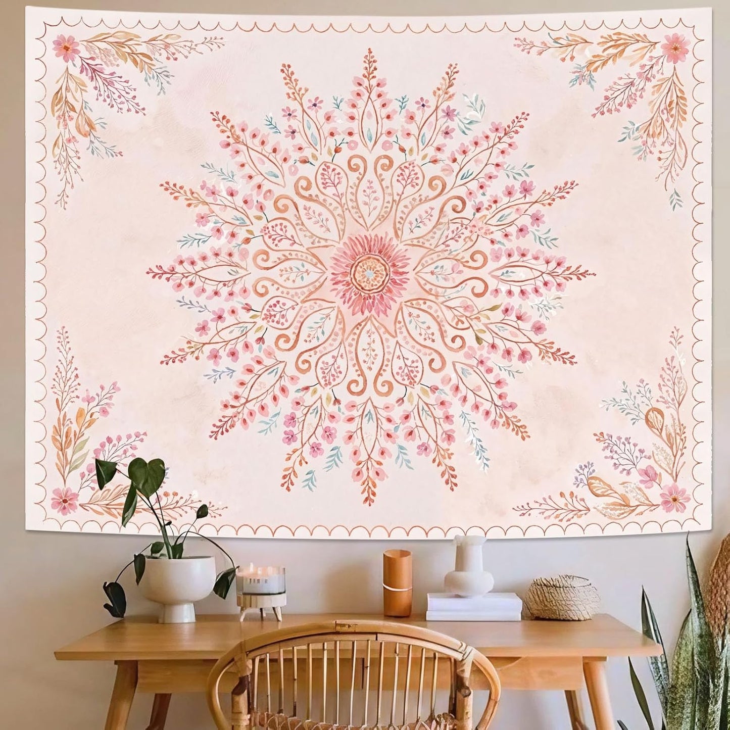 Lunerfex Floral Mandala Tapestry Boho Tapestry for Bedroom Pink Tapestries Wall Hanging Living Room Wall Art and Home Decor 44x60