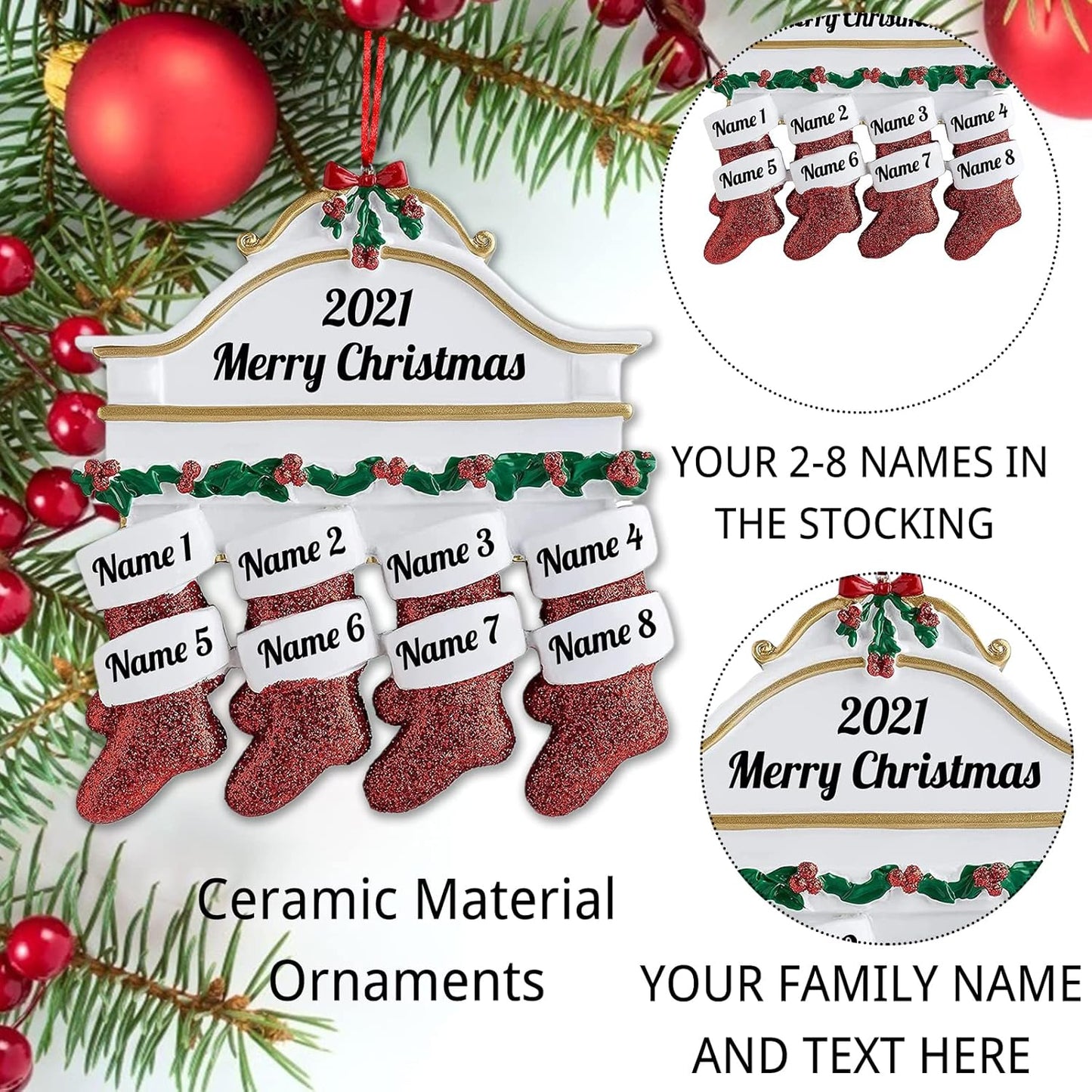 Amlion Personalized Ceramic Christmas Stocking Ornaments, Family of 2-8, Custom Names, Traditional Style, Christmas Occasion