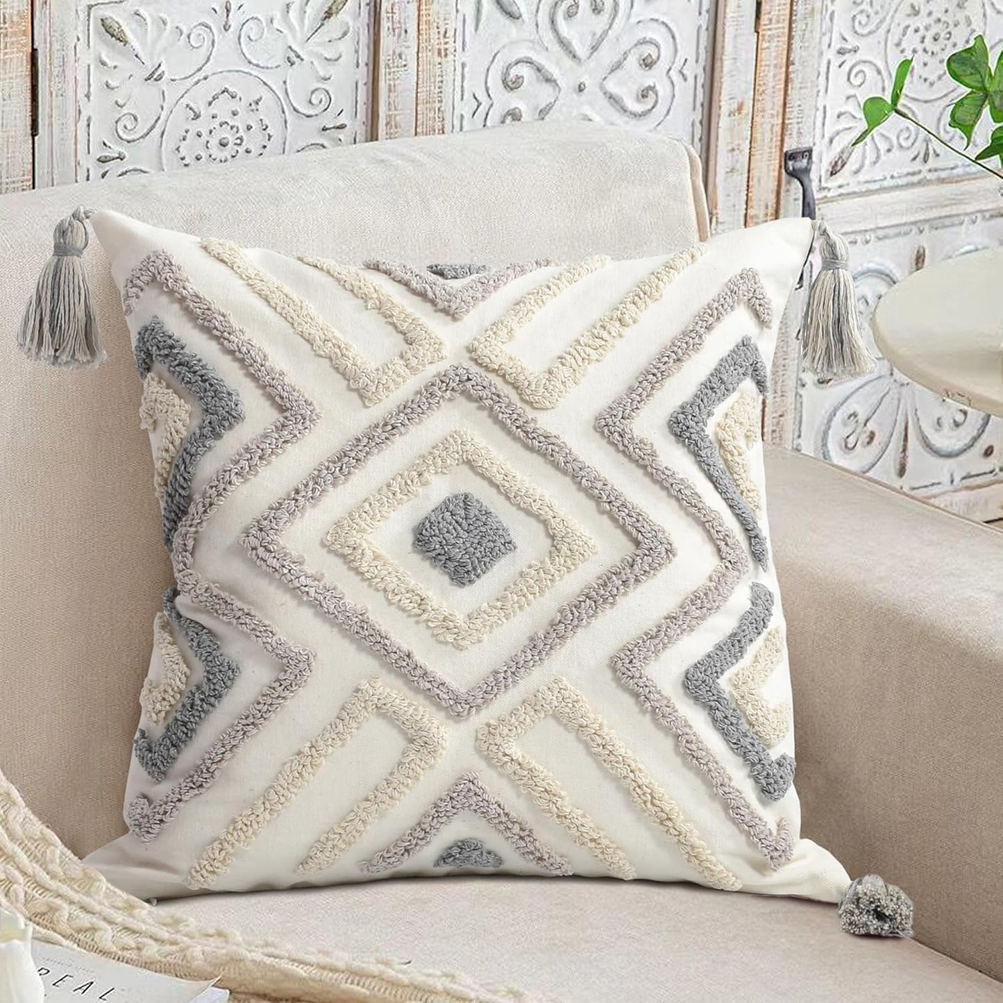 Boho Pillow Covers 18X18 Inch Boho Tufted Throw Pillow Covers Decorative Tassels Cushion Cover Farmhouse Pillow Case for Couch Sofa Bed Living Room Bedroom, Grey Netural