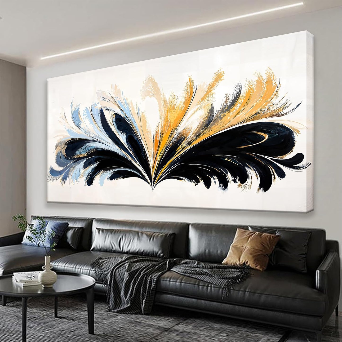 QSQ Large Black And Gold Abstract Wall Art For Living Room Canvas Art Wall Decor Abstract Blue Feather Wall Decor Print Picture For Bedroom Apartment Office Home Wall Decoration 29 X 58 Inch