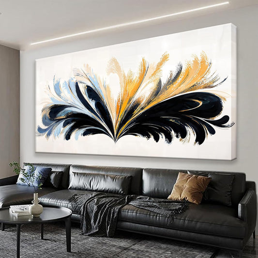 QSQ Modern Canvas Art Wall Decor Painting Black And Gold Abstract Wall Art For Living Room Blue Feather Graffiti Abstract Wall Decor Prints Artwork For Bedroom Office Home Wall Decoration 24" X 48"