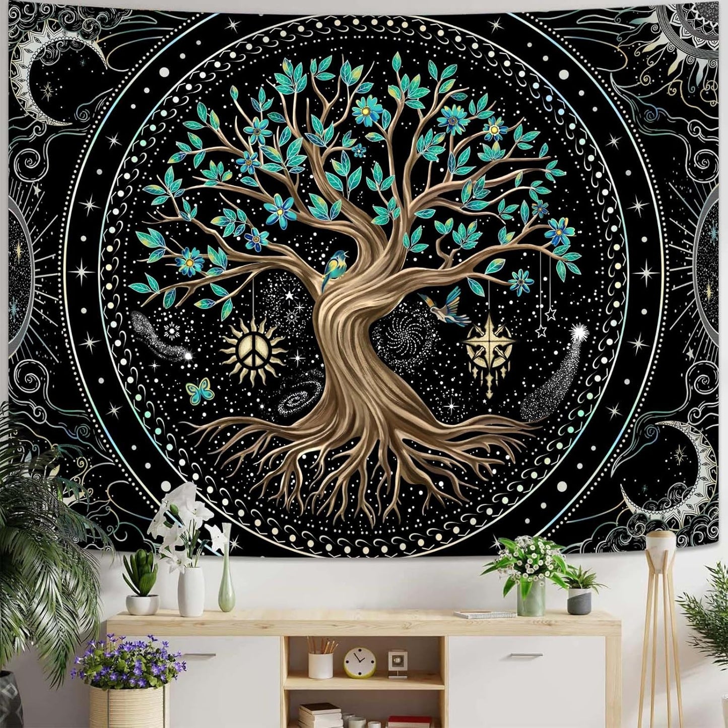 Lunerfex Tree of Life Tapastry Butterfly Moon Tapastry Flower Green Tree Tapestries Mandala Wall Hanging for Bedroom and Living Room Decor 60×80 Inches