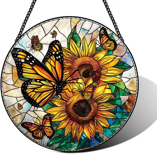 Stained Glass Window Hanging – Double-Sided Glass Sun Catcher with Chain – Memorial Window Art Panel for Home Décor, Spiritual Comfort, and All-Occasion Gifting