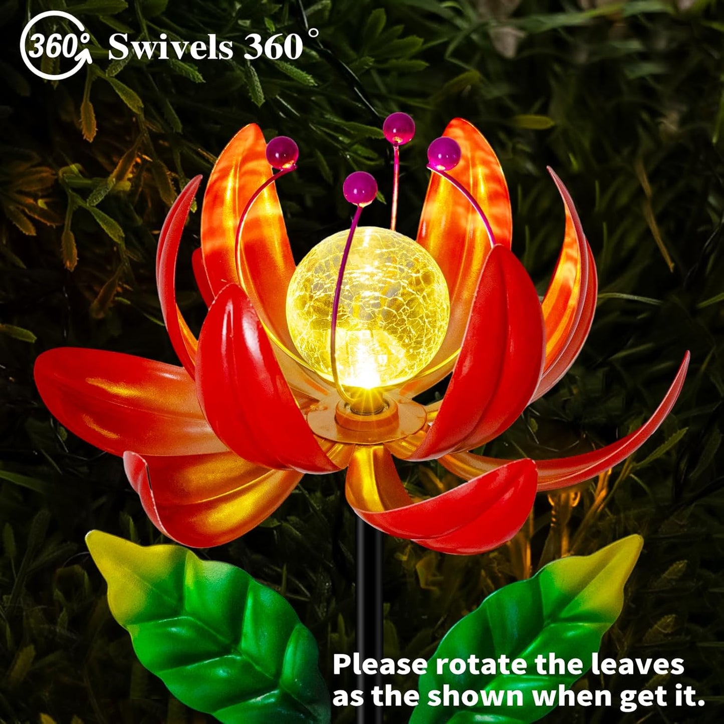 Solar Lights Outdoor Garden Decor, Solar Wind Spinner Yard Decorations for Outside, Lotus Windmill Pathway Lights with LED Cracked Crystal Ball Waterproof Flower Sculpture for Patio Lawn Garden Gifts