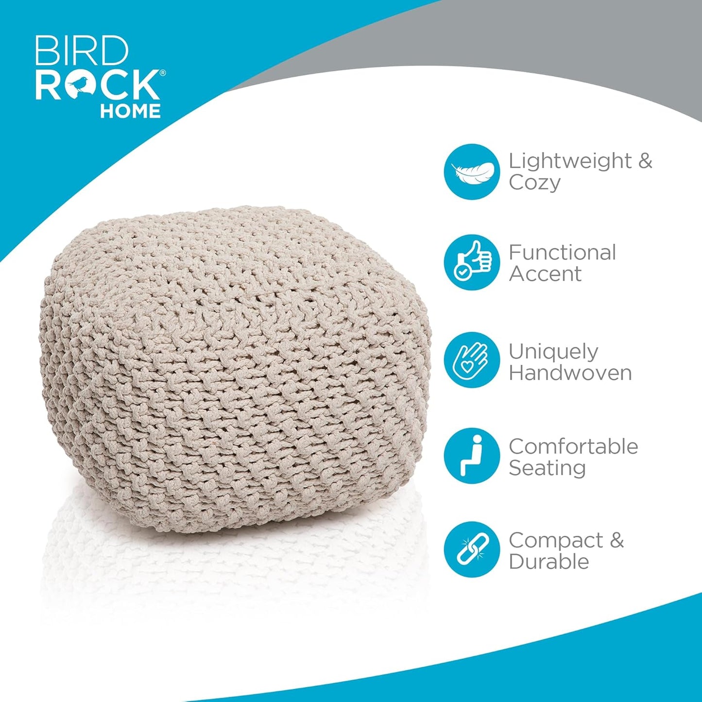 BIRDROCK HOME Square Pouf Ottoman | Cotton Braided Foot Stool with Bean Bag Filling | Boho Foot Rest for Living Room, Bedroom | Compact & Comfortable Seating, Lightweight & Sturdy | Natural