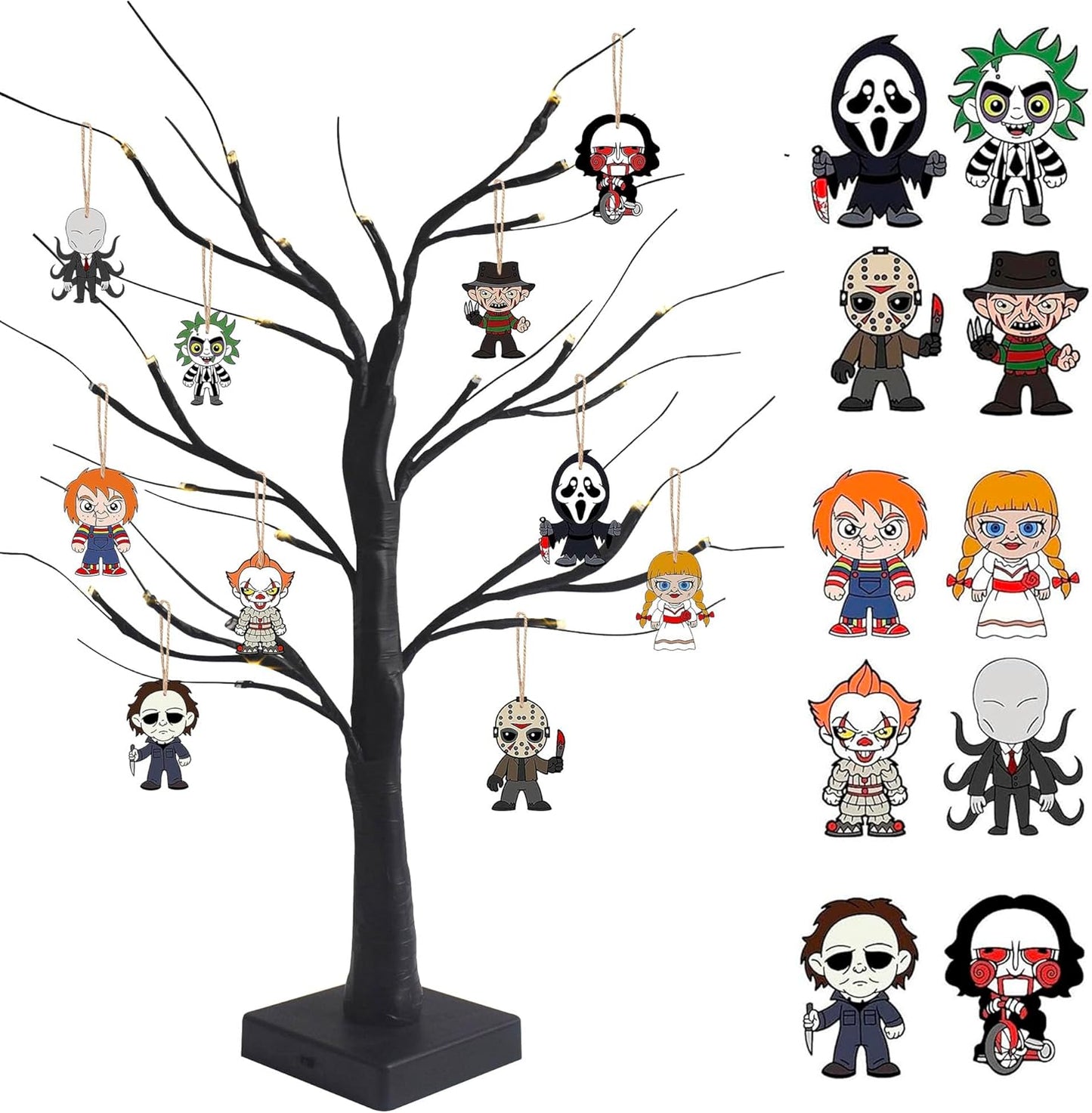 Black Halloween Tree with LED Lights and Spooky Wooden Hanging Ornaments Horror Movie Ornaments, Light Up Halloween Decor