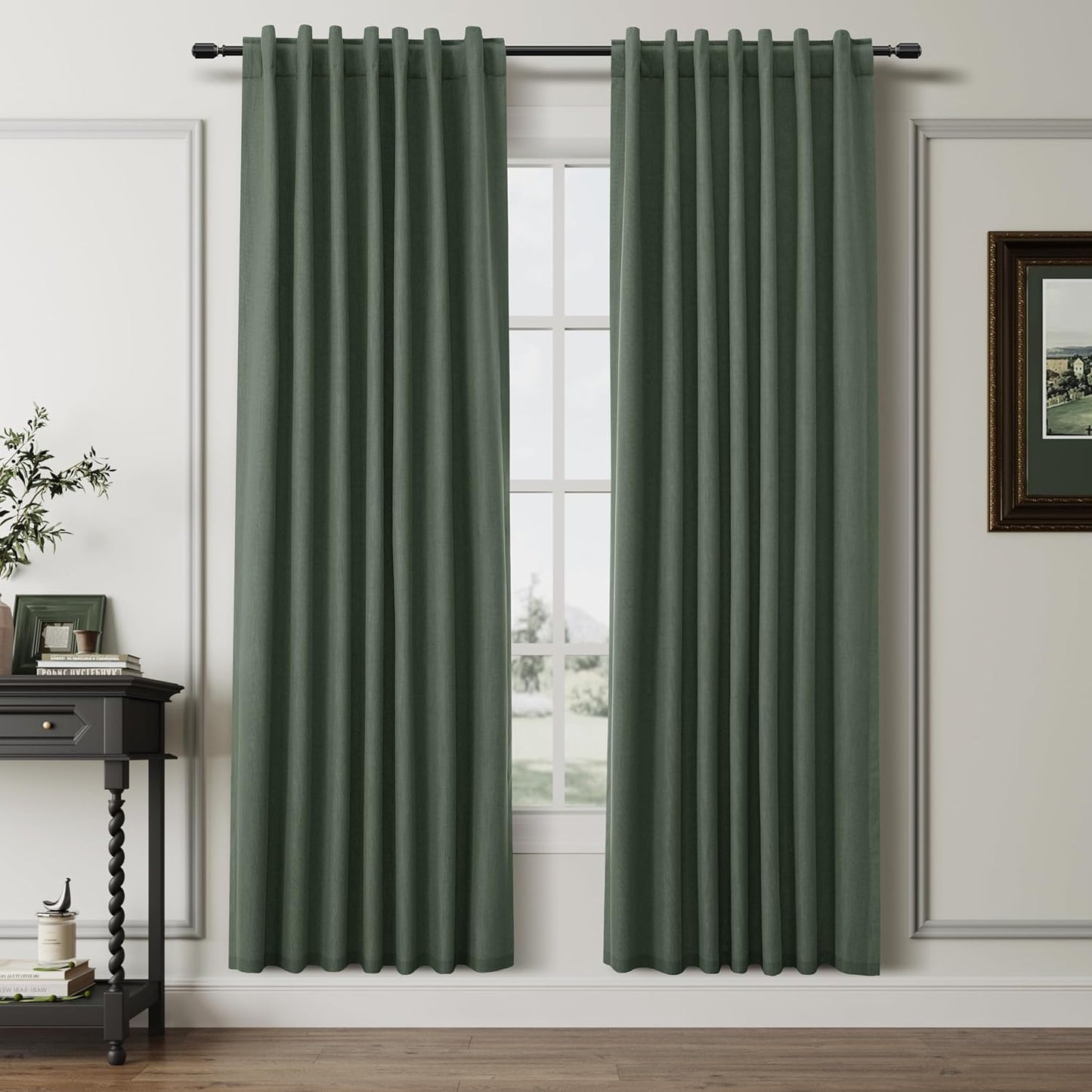 BOODII Olive Green Blackout Curtains for Bedroom 80 Inch Length 2 Panels Set Room Darkening Curtains Linen Black Out Curtain Modern Thermal Insulated Living Room Drapes Back Tab Loden 52x80