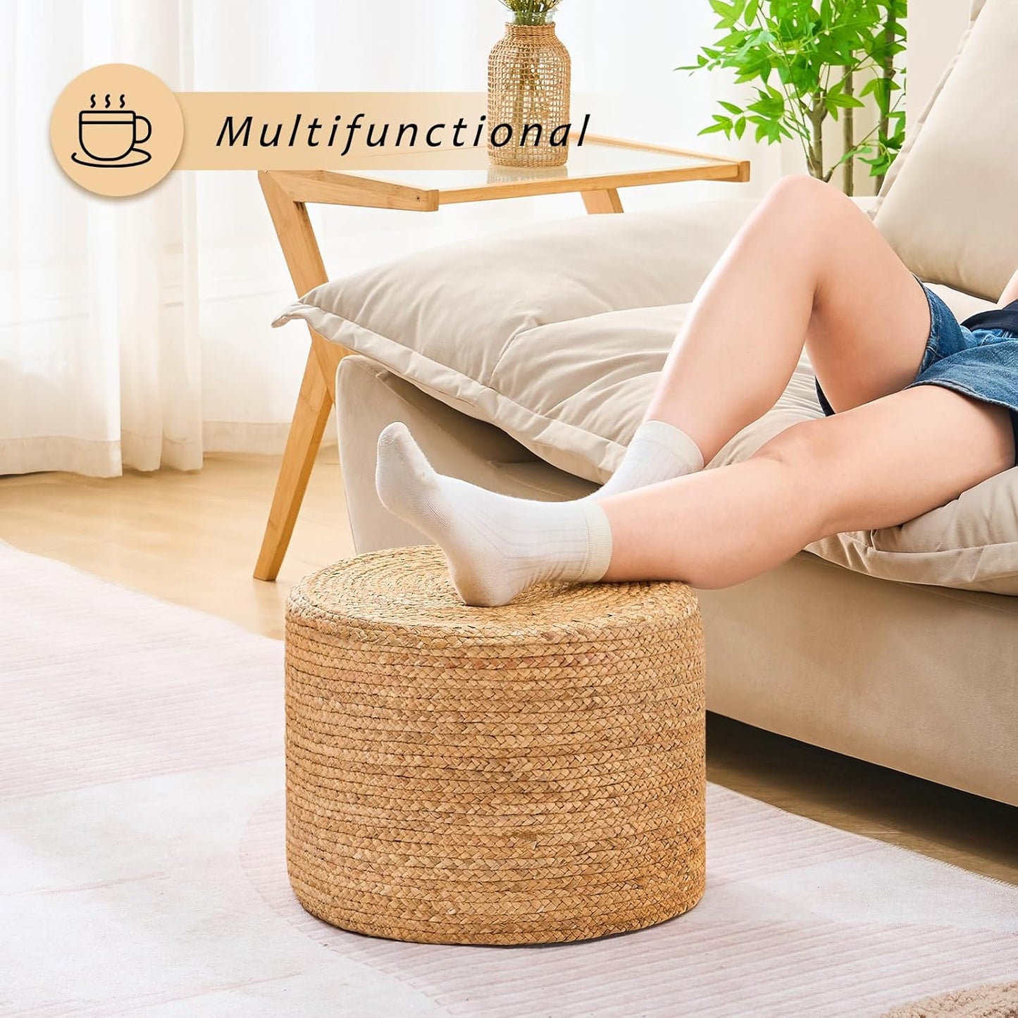 Handwoven Water Hyacinth Ottoman Pouf, Round Outdoor Footstool with Sturdy Frame, No Assembly Needed, Boho Accent Stool for Indoor & Outdoor Use – Patio, Balcony, Living Room (Natural)