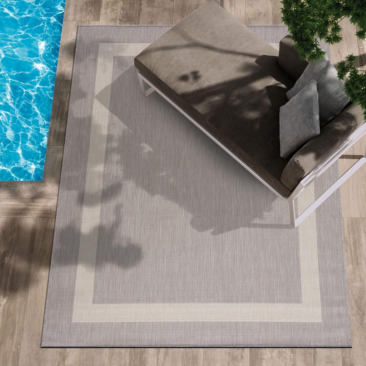 CAMILSON Outdoor Rug 5x7,Modern Outside Rugs for Patios Porches Waterproof Durable Washable Non-Shedding, Easy-to-Clean Indoor Outdoor Area Carpet (5 x 7, Bordered - Gray/White)