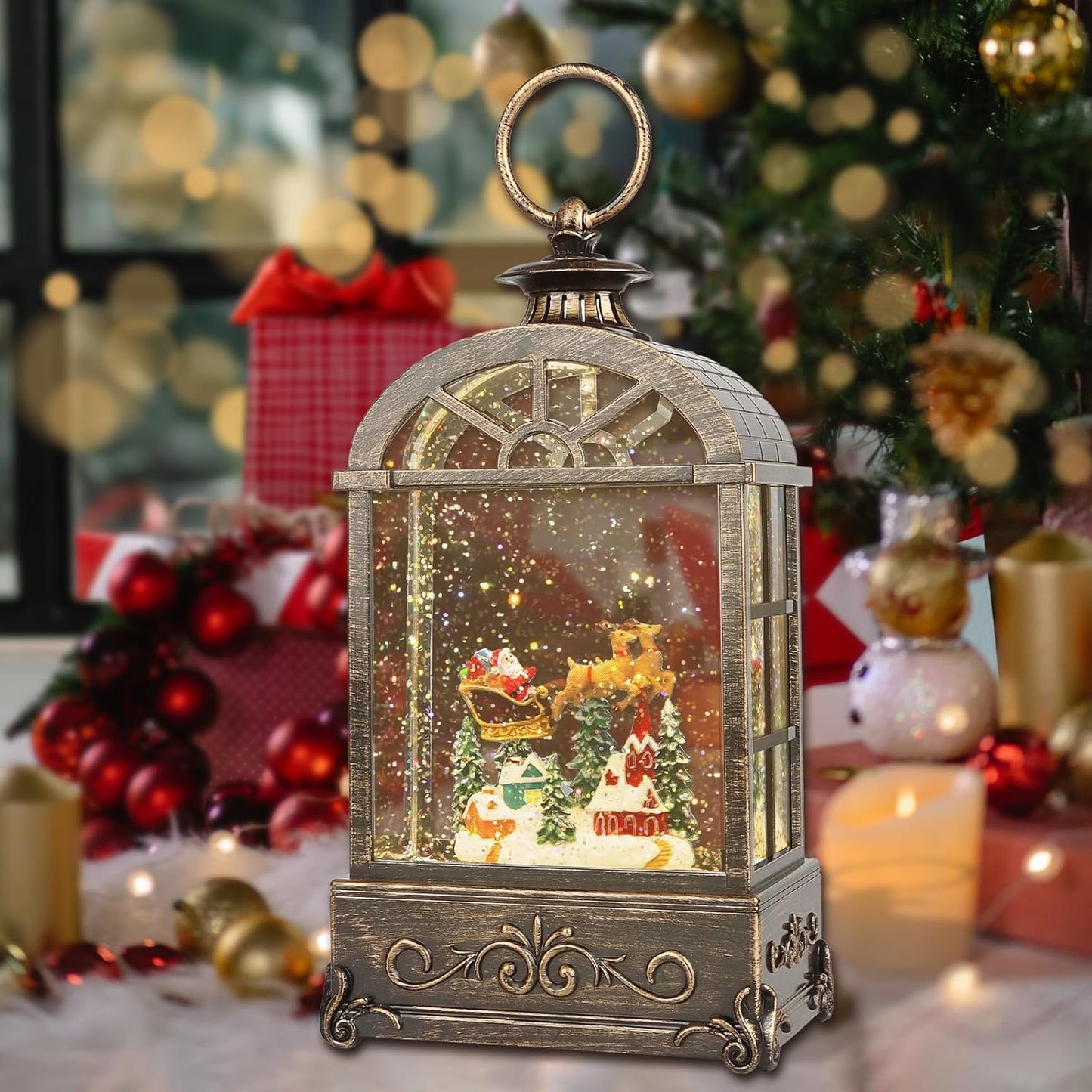 Christmas Snow Globes Lantern,Musical Snow Globes,Christmas Decorations Indoor for Home,Battery Or USB Powered,with 6 Hour Timer,Christmas Lantern for Festival Decoration,Reindeer Vehicle