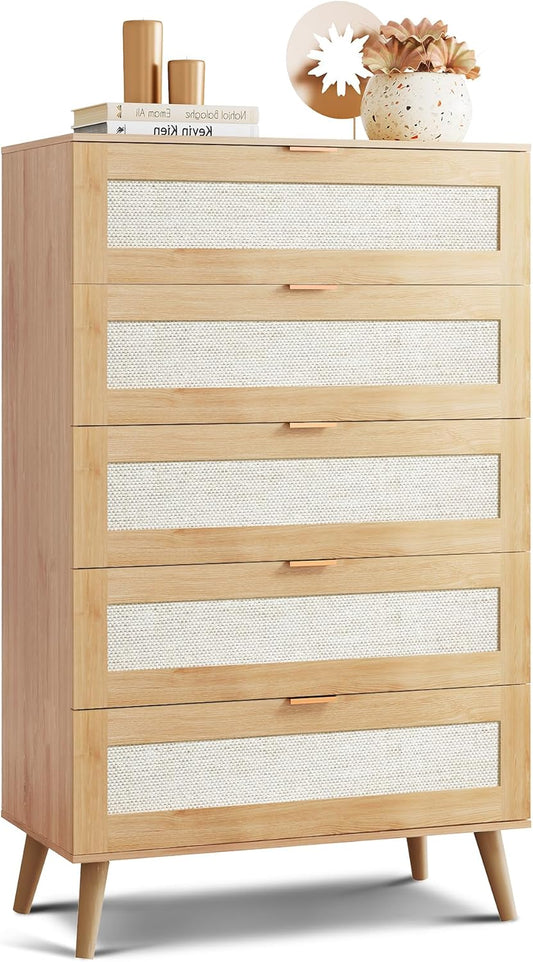 WLIVE Rattan Dresser for Bedroom, 5 Drawer Wood Boho Dresser Storage with Gold Metal Handle, Chest of Drawers for Living Room, Closet, Hallway, Light Oak