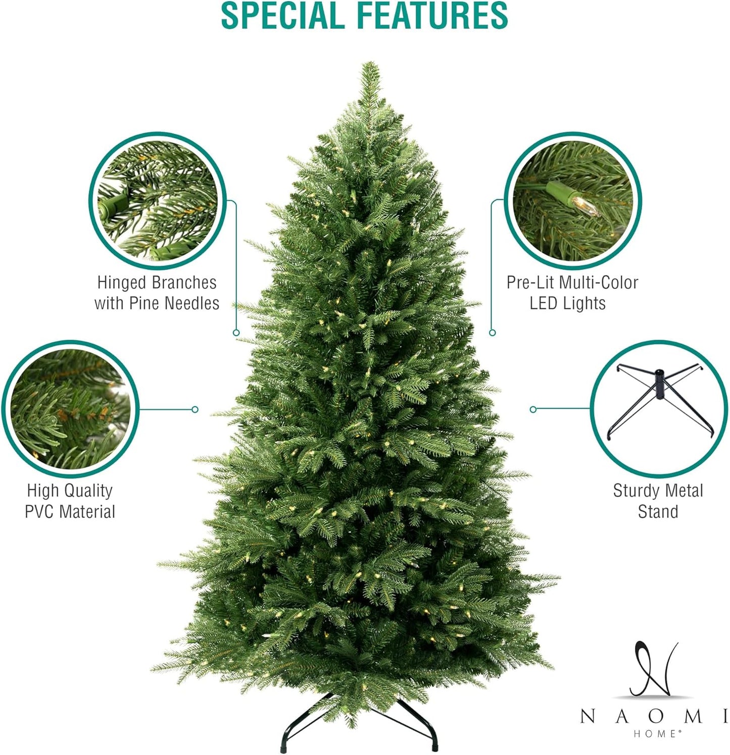 Naomi Home 4.5ft Christmas Tree with Multi-Color Lights, Realistic Fir with Colored Lights with Controller, 810 Branch Tips, 300 Colorful Lights and Metal Stand, Pre Lit Tree