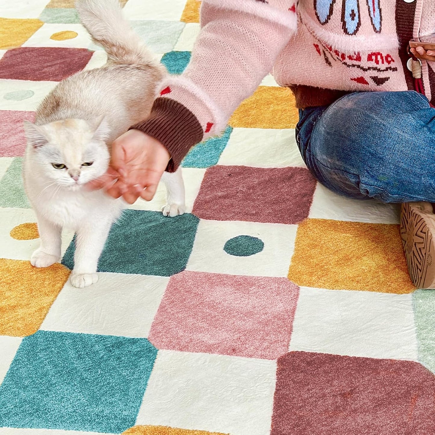 jinchan Kids Rug for Classroom 7ft Radius Corner Washable Area Rug Modern Colorful Quarter Circle Rug Soft Non-Slip Carpet for Nursery Playroom Daycare Reading Nook Living Room Confetti on Cream