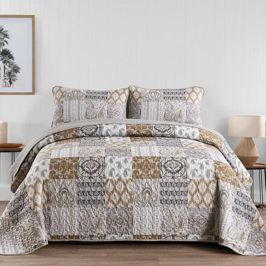 WONGS BEDDING Brown Quilt Set King Size, Patchwork Plaid Bedspread Bedding Sets Paisley Soft Microfiber Quilts for King Bed 3 Pieces Coverlet Set for All Season (104"x90")