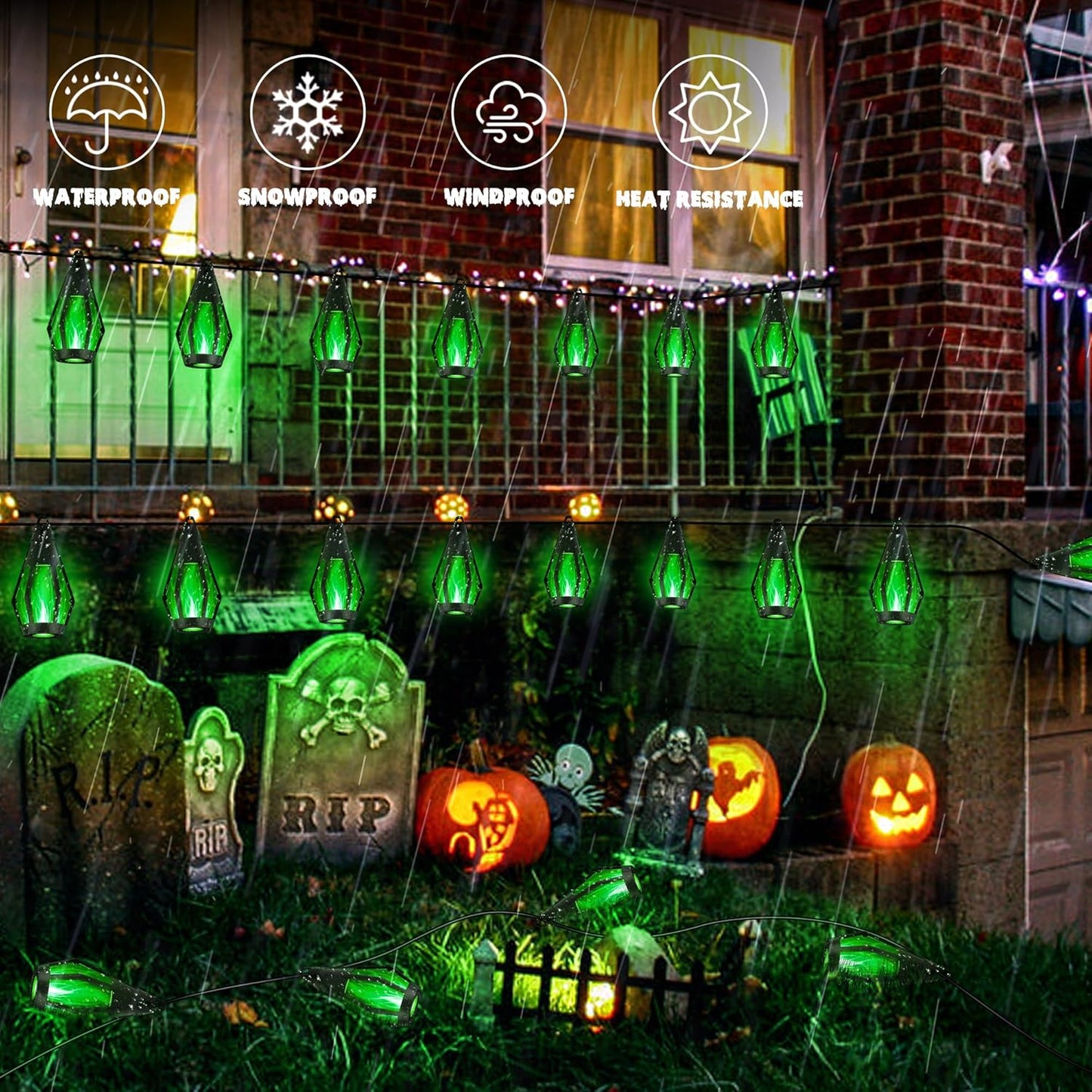 iBaycon Solar Halloween Lights, 27Ft 10 LED Bulbs Flickering Flame String Light, Outdoor Waterproof Solar Flame Lights for Garden Yard Patio Halloween Decorations (Green)
