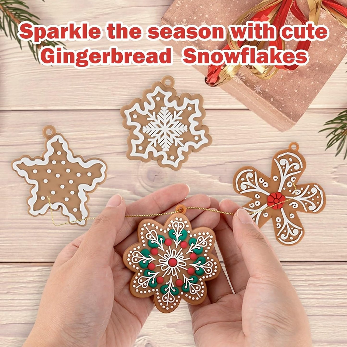 kockuu 12Pcs Christmas Gingerbread Snowflake Ornaments for Tree Rustic Brown Silicone Christmas Ginger Bread Hanging Ornaments Pendants for Xmas Tree Winter Crafts Holiday Home Party Decor Indoor