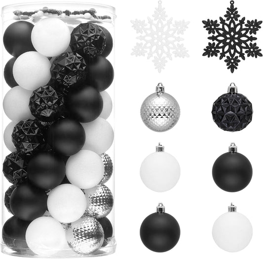Valery Madelyn Christmas Tree Decorations Ornament Set for Fall Halloween Decor, 50ct Black and White Shatterproof Christmas Ball Ornaments Bulk, 2.36 Inches Hanging Decor for Xmas Holiday Party