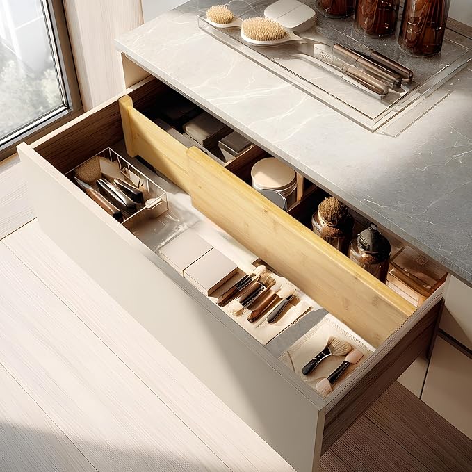 VaeFae 3 Pack Bamboo Drawer Dividers, 4" High Adjustable 16.6" - 21.8" Clothes Drawer Organizers, Expandable Separators for Bedroom/Bathroom/Kitchen/Office Storage