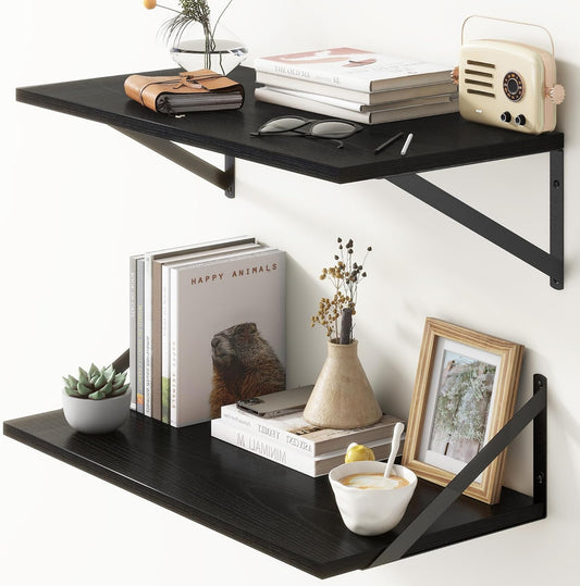 Deep Floating Shelves, 12 Inch Deep Floating Shelves for Wall, 24"W x 12"D Wall Shelves for Books, Rustic Black Wooden Shelves, Large Wide Display Shelf for Bathroom, Living Room, Bedroom, Set of 2