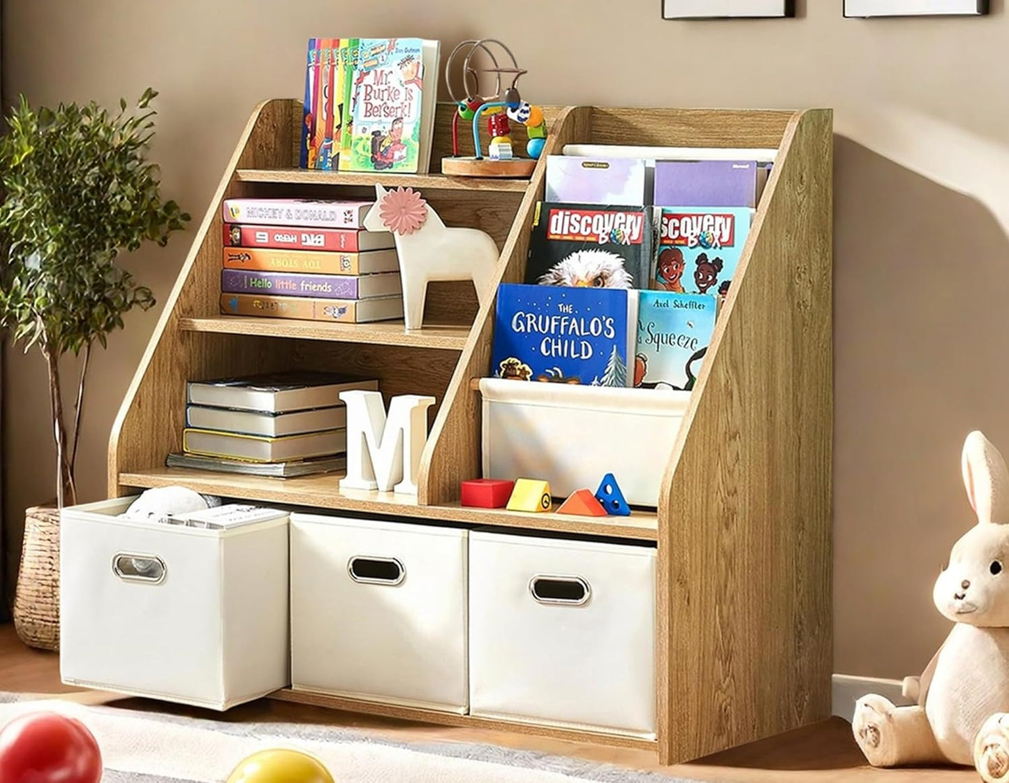 Kids Bookshelf and Toy Storage Organizer, Montessori Nursery Book Shelves with 3 Tier Sling Rack & Fabric Toy Bins, Children Toddler Baby Bookshelf, Wooden Toy Shelf for Kids Room Playroom