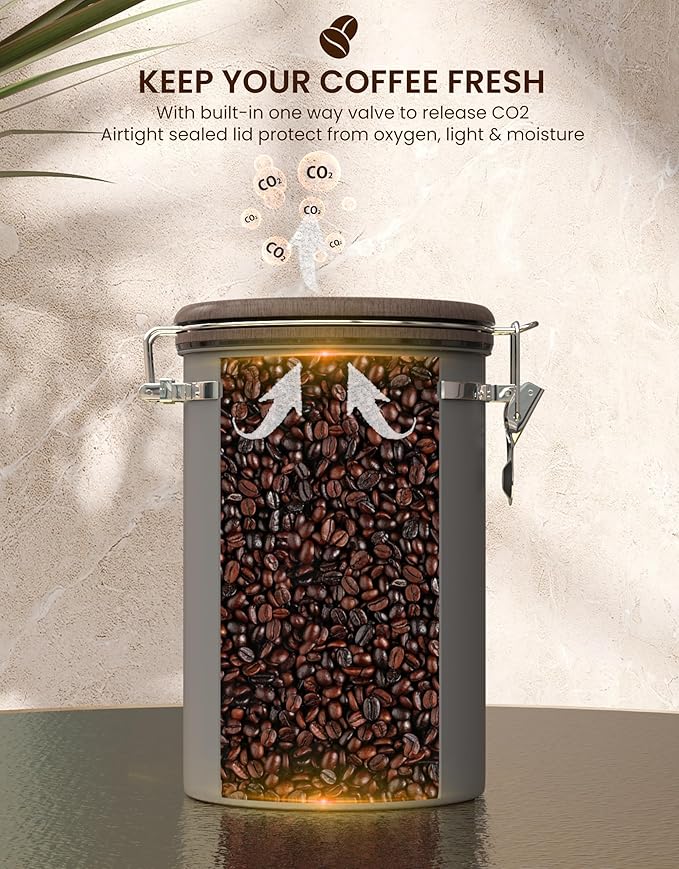 HAIOOU Airtight Coffee Canister Wood Grain [New Version], 22OZ Large Stainless Steel Coffee Bean Storage Container with Date Tracker, Measuring Scoop, CO2 Releasing Valves - Walnut and Gray