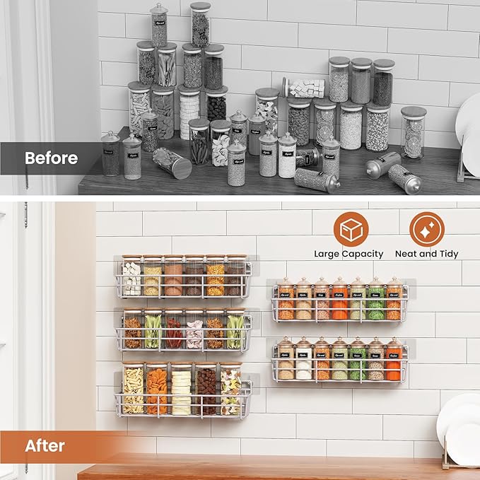 5 Pack Spice Rack Seasoning Organizer Wall Mount, Screw or Adhesive Hanging Shelf Basket Spice Organizer Shelf for Kitchen, Silver