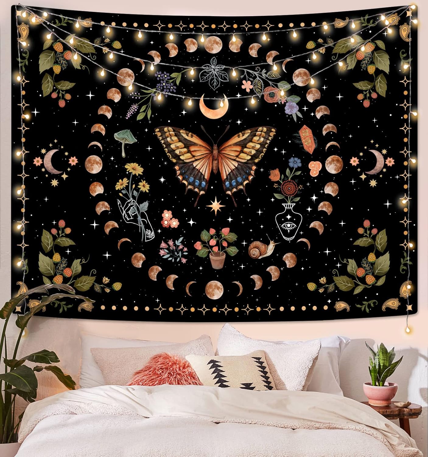 Aipon Yellow Butterfly Moon Flower Tapestry Botanical Floral Plant Boho Tapestry for Bedroom Aesthetic Vintage Tapestries Wall Hanging for Living Room Dorm (36.00'' × 48.00'', Yellow)